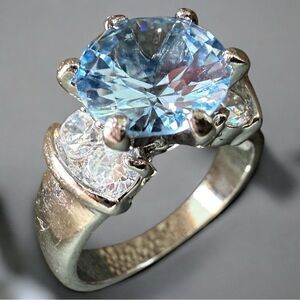 Statement Silver Tone Ring Large Blue Stone Round Cut Side Accents Size 9